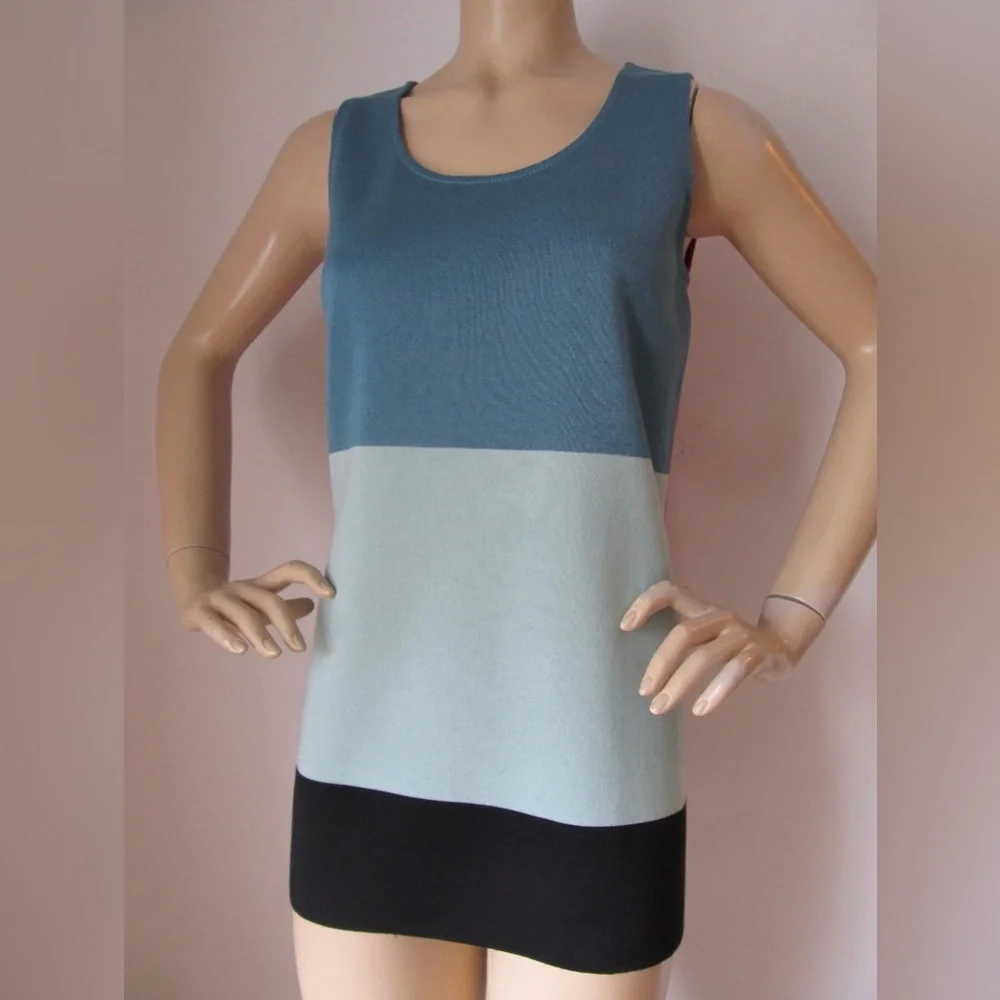 ST JOHN XL Mint Julep Cinnabar Black Caviar Colorblock Sleeveless Wool Knit Tank - Picture 2 of 15